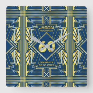 Horloge Carrée 60e anniversaire Art Déco Gold Blue Gatsby