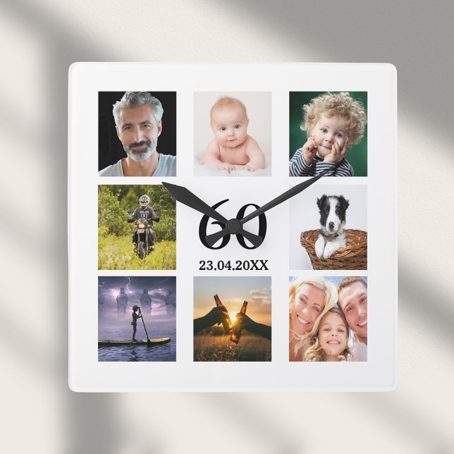 Horloge Carrée 60e anniversaire photo collage mec (Créateur téléchargé)