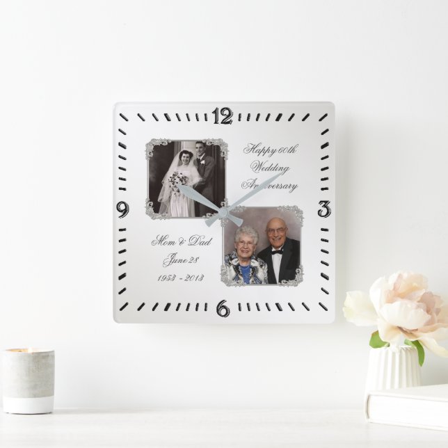 Horloge Carrée 60e Diamond Wedding Anniversary Photo Wall Clock (Maison)