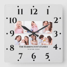 Horloge Carrée 6 sections Photo personnalisée Cadres gris minimal