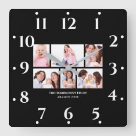 Horloge Carrée 6 sections Photo personnalisée Simple cadre noir é
