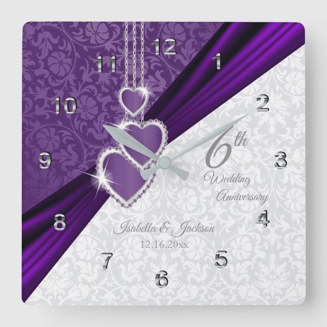 Horloge Carrée 6e Amethyst Purple Mariage Anniversaire Keepsaké (Recto)