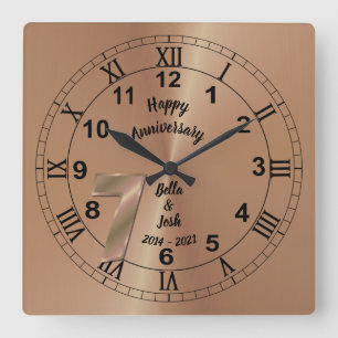 Horloge Carrée 7e anniversaire de cuivre personnalisé
