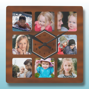 Horloge Carrée 8 motifs de bois en collage photo