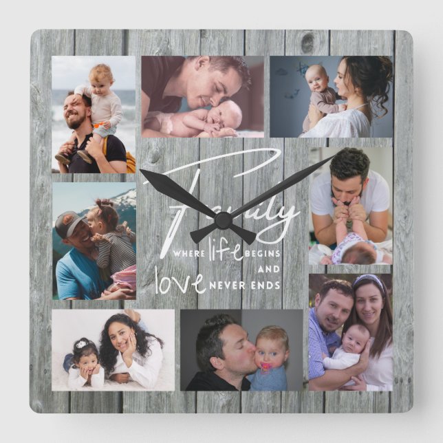 Horloge Carrée 8 Photo Collage Famille Amour Citation Grey Wood (Recto)