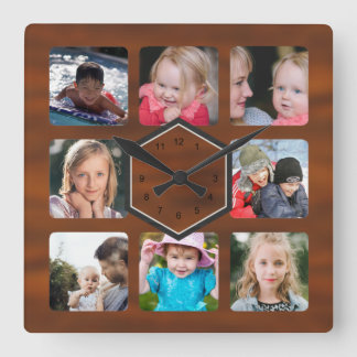 Horloge Carrée 8 Photo Collage Motif en bois
