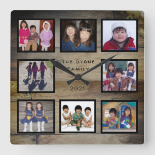 Horloge Carrée 8 photos Collage de famille sur bois rustique