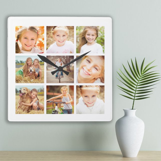 Horloge Carrée 9 Famille Photo Collage Blanc (Custom white 9-photo wall clock)