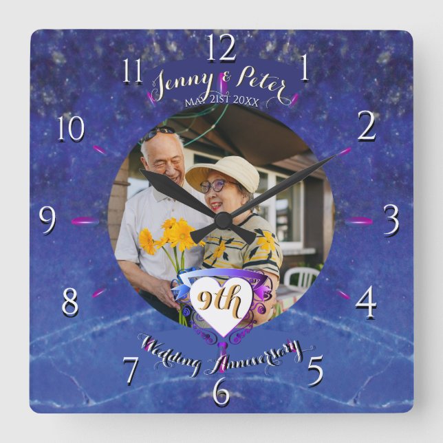 Horloge Carrée 9e anniversaire du Mariage photo Lapis (Recto)