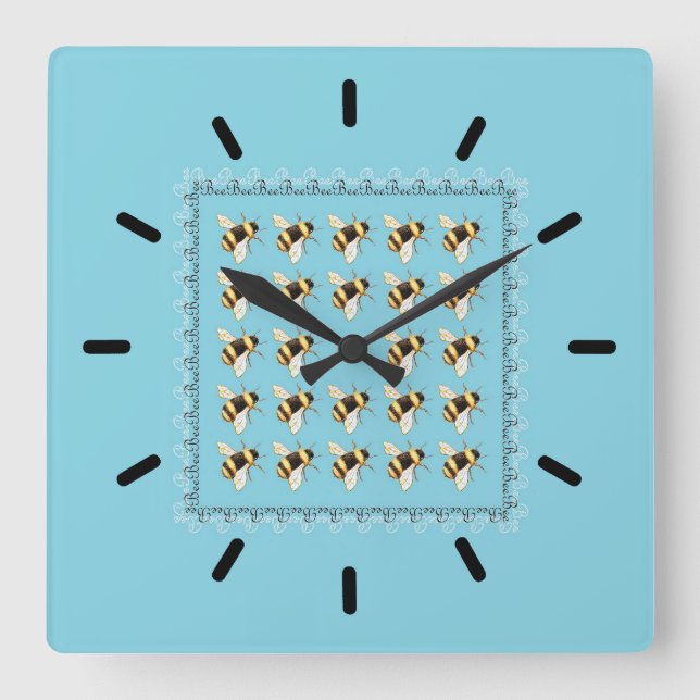 Horloge Carrée Abeilles sur l'horloge murale acrylique bleue (Recto)