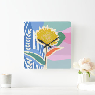 Horloge Carrée Abstract Floral Dandelion Color Blocks Modern 