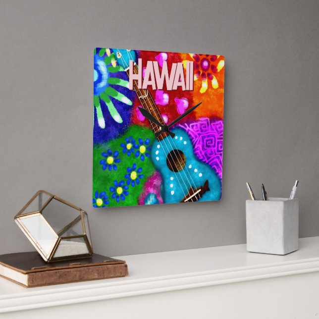 Horloge Carrée Abstract Funky Ukulele Floral Tropical Teal Purple (Bureau)