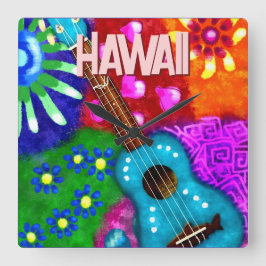 Horloge Carrée Abstract Funky Ukulele Floral Tropical Teal Purple