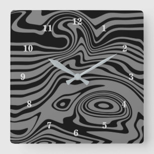 Horloge Carrée Abstract Warped Black & Gray Lines - Customizable