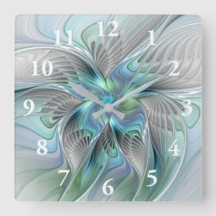 Horloge Carrée Abstrait Bleu Vert Papillon Imaginaire Fractal Art