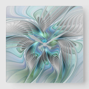 Horloge Carrée Abstrait Bleu Vert Papillon Imaginaire Fractal Art