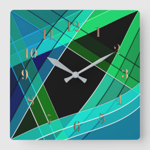 Horloge Carrée Abstrait, géométrique, vert, bleu, noir