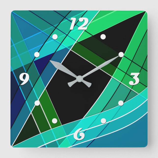 Horloge Carrée Abstrait, géométrique, vert, bleu, noir (Recto)