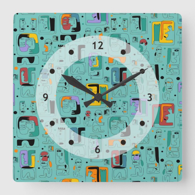 Horloge Carrée Abstrait maya anciens visages motif 1 (Recto)