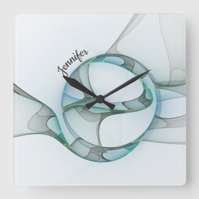 Horloge Carrée Abstrait moderne Fractal Blue Turquoise Grey Nom (Recto)