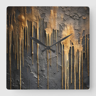 Horloge Carrée Abstrait Moderne Noir et Coulures d'Or Métallisé