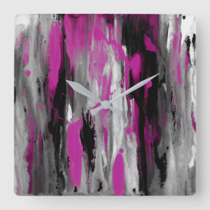 Horloge Carrée Abstrait noir et blanc magenta gris