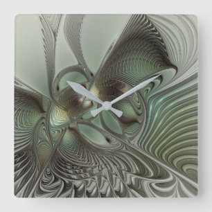Horloge Carrée Abstrait Olive Sage Green Grey Fractal Art Imagina