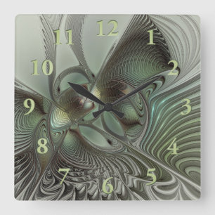 Horloge Carrée Abstrait Olive Sage Green Grey Fractal Art Imagina