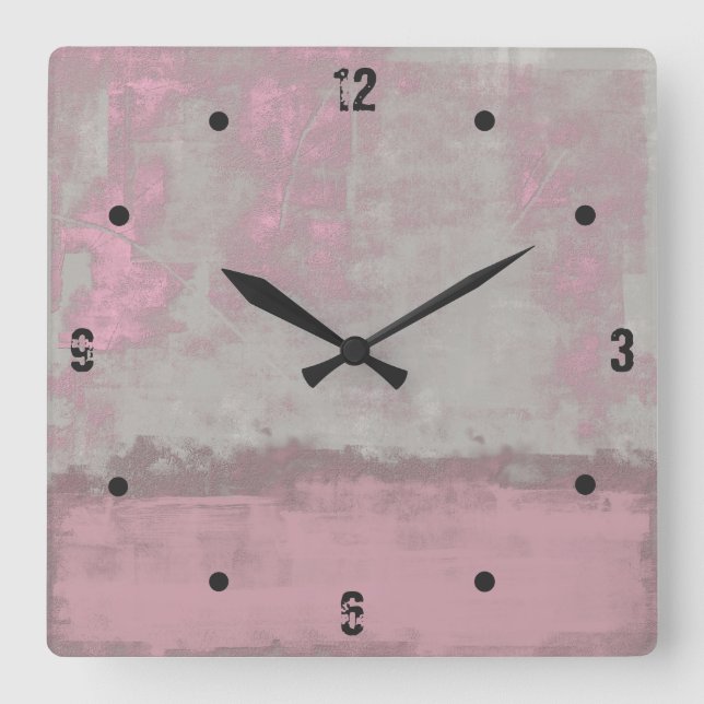Horloge Carrée abstrait rose mallow gris rustique moderne (Recto)