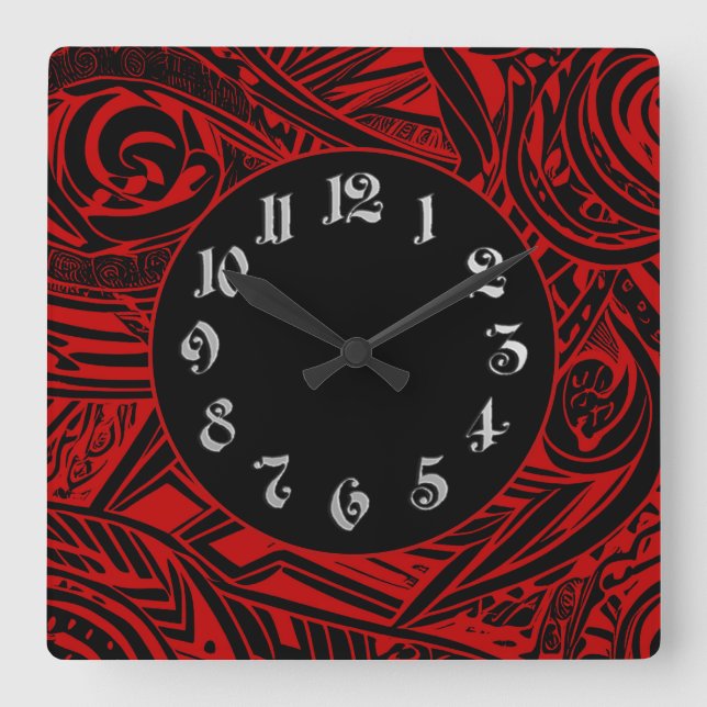 Horloge Carrée Abstrait tribal noir et blanc (Recto)