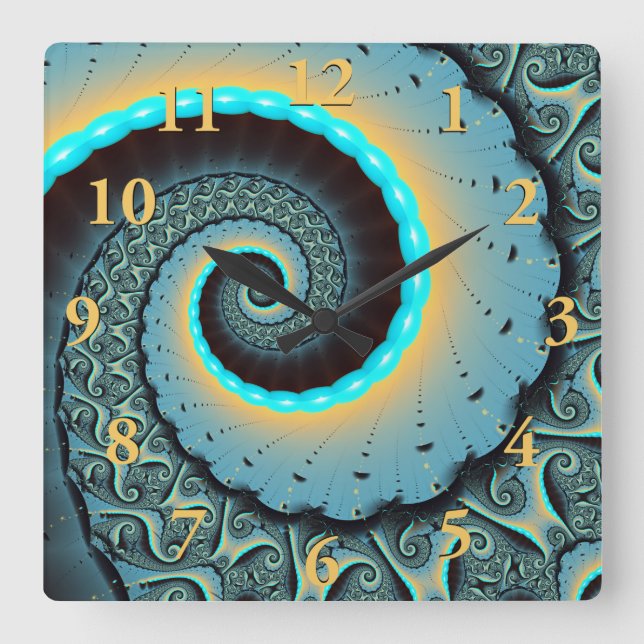 Horloge Carrée Abstraite spirale d'art fractal bleu turquoise ora (Recto)