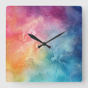 Horloge Carrée Abstraits nuages arc-en-ciel Aquarelle Art liquide