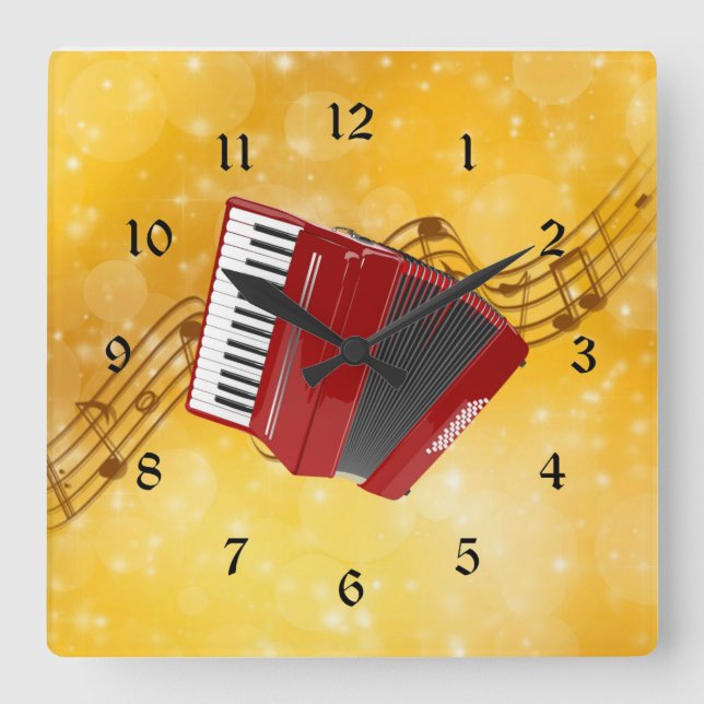 Horloge Carrée Accordéon rouge et notes musicales (Recto)