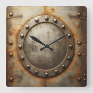 Horloge Carrée acier patiné, aspect métallique