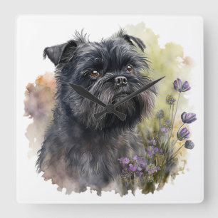 HORLOGE CARRÉE ADORABLE BLACK AFFENPINSCHER CHIEN AVEC FLEURS