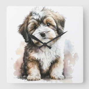 HORLOGE CARRÉE ADORABLE CHIEN À POIVRE BROWN ET BLANC