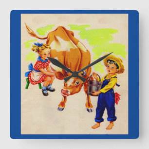 Horloge Carrée adorable enfant avec adorable vache