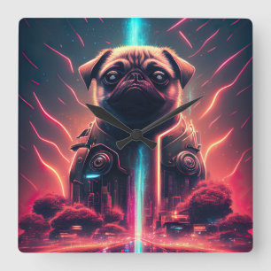 Horloge Carrée Adorable Pug dans un costume de robot futuriste