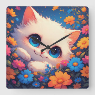 Horloge Carrée Adorable White Kitten With Bright Blue Eyes