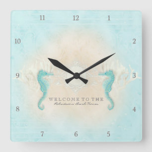 Horloge Carrée Affiche de bienvenue de plage personnalisée Cheva