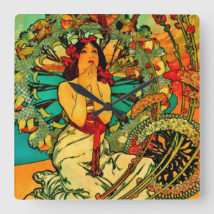 Horloge Carrée Affiche de Monaco Monte Carlo par Alphonse Mucha