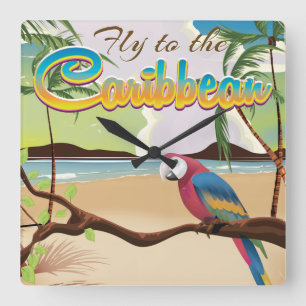 Horloge Carrée Affiche de perroquet d'île tropicale vintage des C