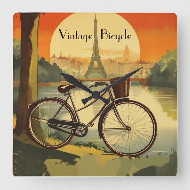 Horloge Carrée Affiche de voyage à vélo, Paris personnalisable (Recto)