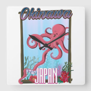 Horloge Carrée Affiche de voyage calamar Okinawa Japon