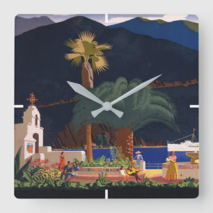 Horloge Carrée Affiche de voyage - Père Noël Catalina Island, Cal
