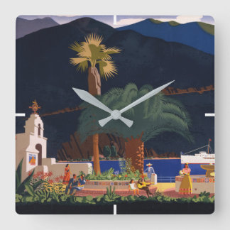 Horloge Carrée Affiche de voyage - Père Noël Catalina Island, Cal