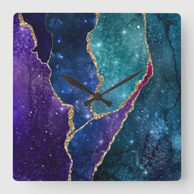 Horloge Carrée Agate bleu violet Aqua Gold Veines (Recto)