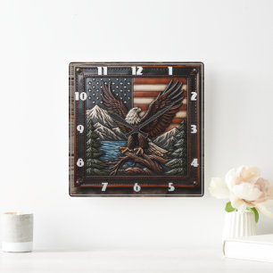 Horloge Carrée Aigle à Bald avec drapeau américain et montagnes