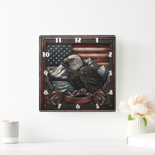 Horloge Carrée Aigle Bald Conçu Contre Le Motif Drapeau Américain
