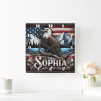 Aigle en Branche avec Montagnes et Drapeau